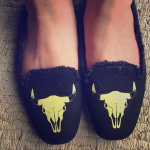 Black flats with yellow green cow skull